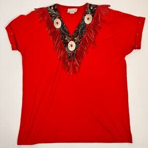 Vintage 80s Womens Size Large Red Western Faux Leather Fringe Shoulder Pads Top